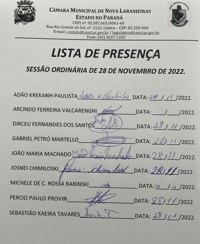 Lista de Presença dos Vereadores na Sessão Extraordinária do dia 28 de novembro de 2022.